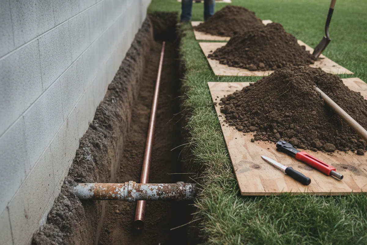 Excavated water line trench during Water Softener Installation in Copan